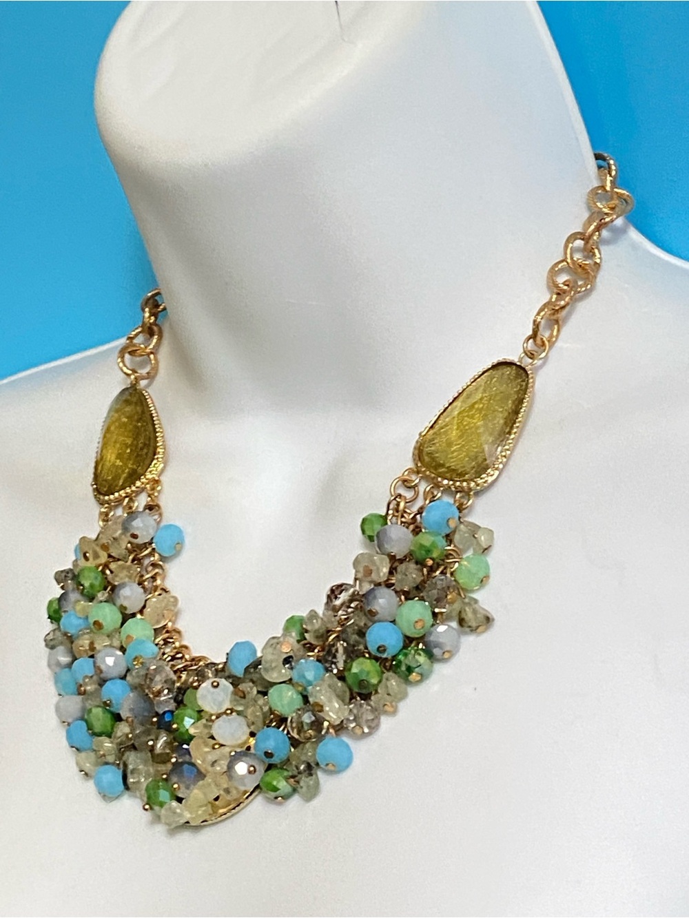 JANICE KEELER Glass Beads Statement Necklace Gold Tone Blue Green